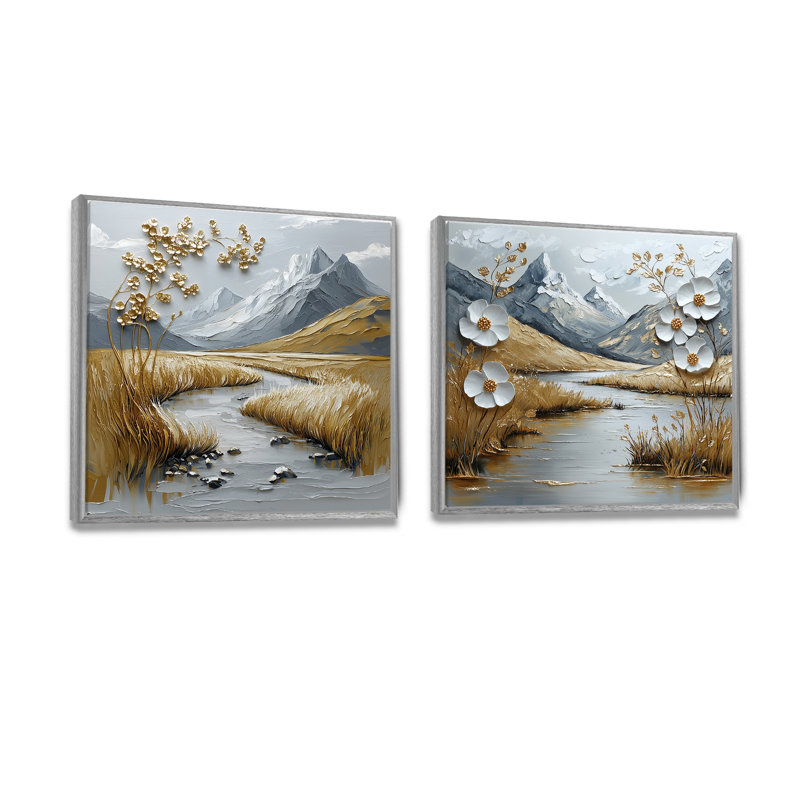 Blanc et or, vallée de Glencoe en Écosse I - art mural Écosse - décoration murale traditionnelle 2 pièces, 36" H x 73" W