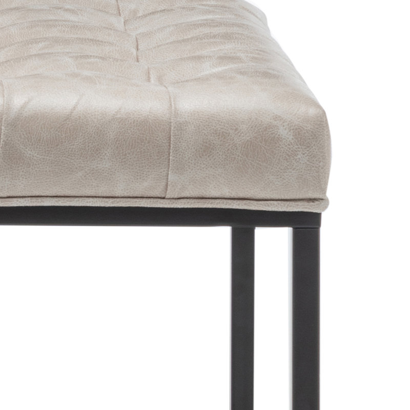 28" Square Button Tufted Metal Ottoman With Multiple Fabric Options, Light Grey Faux Leather
