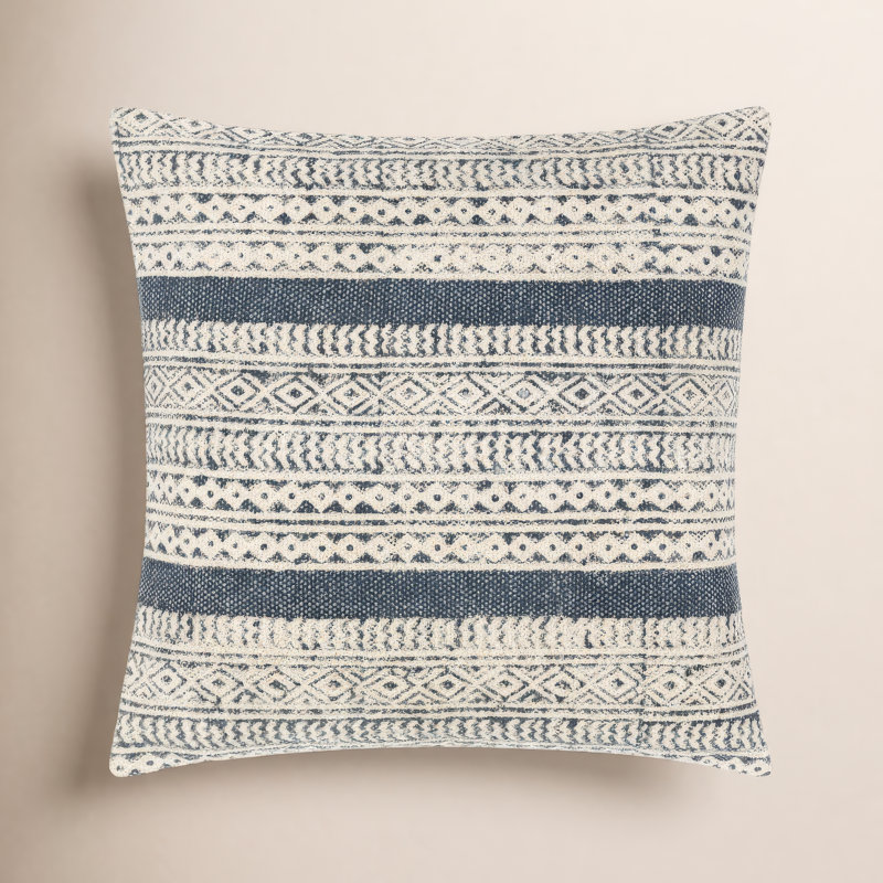 Oreiller carré en coton Zetta, 18 po x 18 po, Polyester/ bourre en polyester, Beige / denim