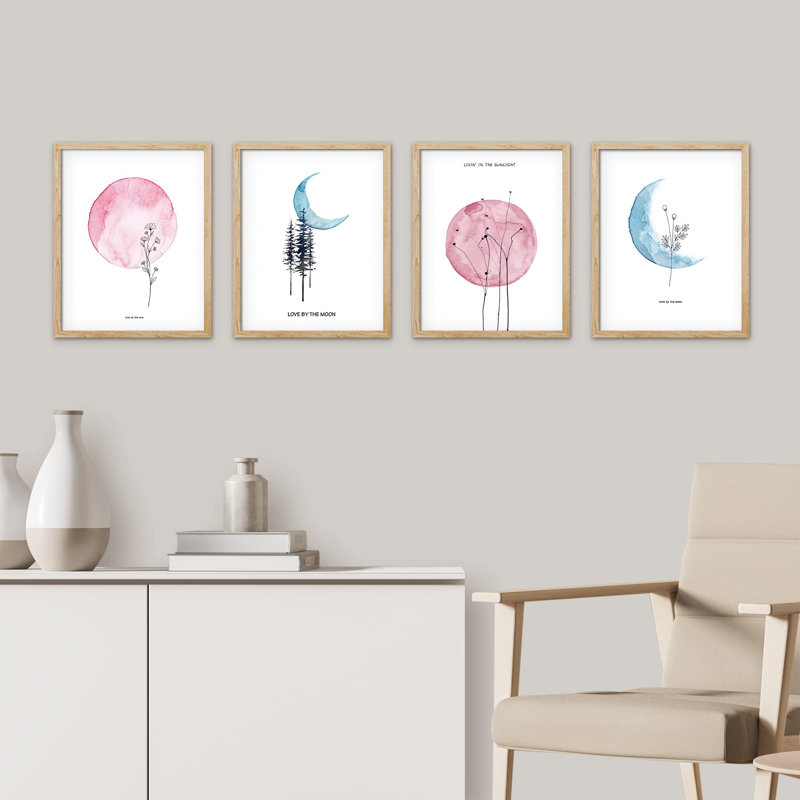 «Pastel» rose et bleu, aquarelle de plantes de la forêt de la Lune, impression encadrée sur papier, 4 pièces, Naturel