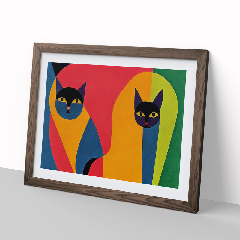 Two Abstract Cats Vol.7 - Framed Print, 34cm H x 46cm W x 2cm D, Walnut