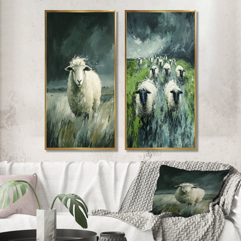 «Stormy Pasture Of Sheep I», art mural 2 panneaux, 32" H x 33" W, Cadre flottant doré