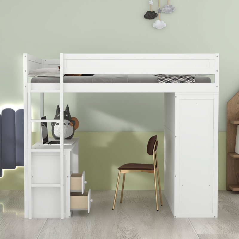 Lit mezzanine double avec tiroirs Hason Kids, Blanc