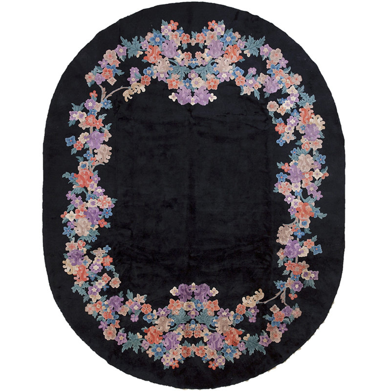 Oval Floral Hand Knotted Pile 1920s Wool Antique Black Rug