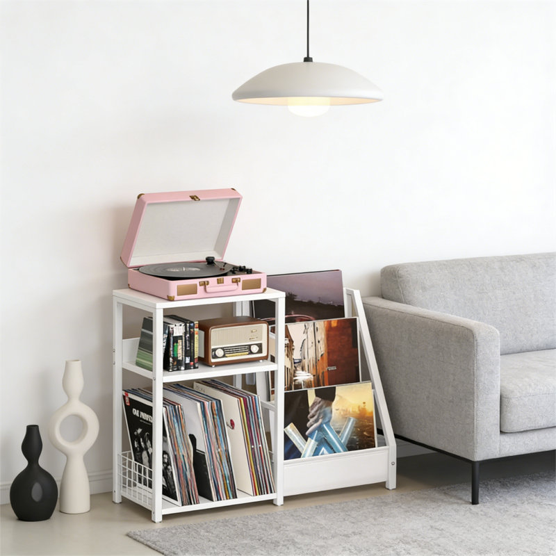 Record Player Table, Turntable Shelf With Vinyl Storage For Up To 150 Albums, White Side Table With 3-Tier Magazine And Book Rack