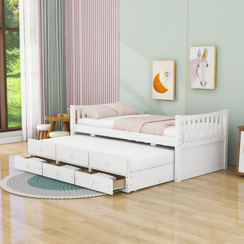 Daybed with Trundle and  Drawers, White, Twin