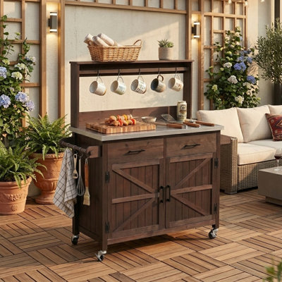 54" Wood Outdoor Kitchen Island With High Shelf, Solid Wood Grill Cart With Lockable Wheels And Stainless Steel Top For BBQ