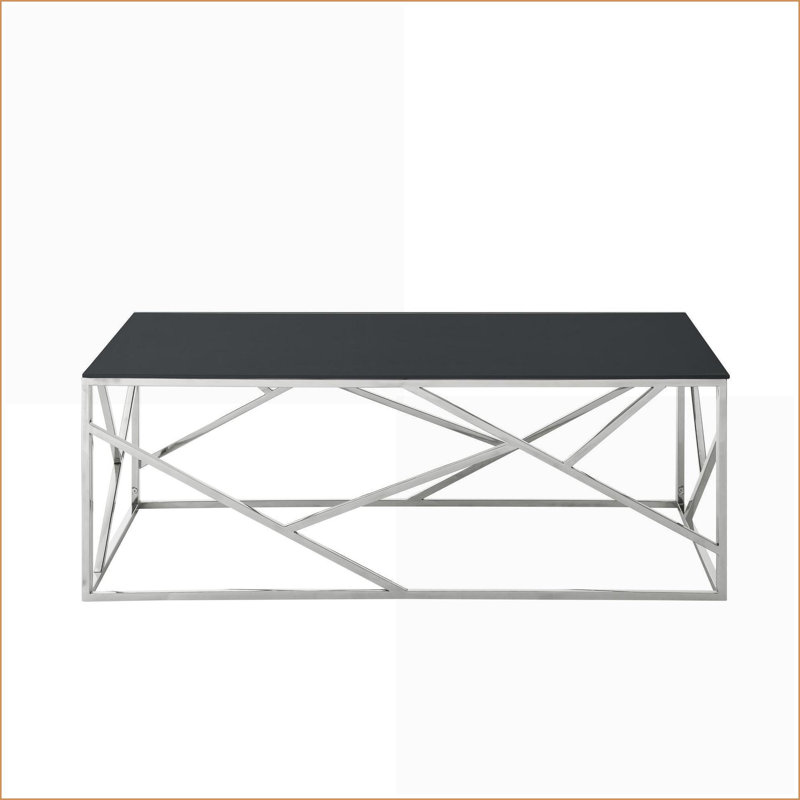 Table basse de salon avec plateau en verre noir et acier inoxydable chromé poli, facile à nettoyer