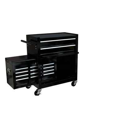 Coffre à outils à 8 tiroirs à grande capacité en noir, armoire en acier, 4 po, serrure centrale, tiroirs à roulement, surface de travail avec crochets, coffre noir, structure, boîte verrouillable, crochets de suspension, panneau de travail,
