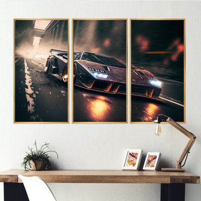 «Red Italian Lambo Sports Car Racing in Urban Cadre III», reproduction sur toile 3 pièces