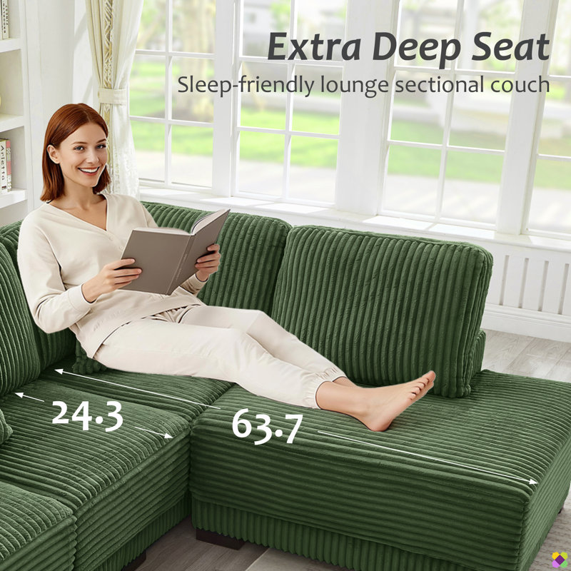 Gus 93"W LAF RAF Corduroy Sectioanl, 3 Seater, 1 Ottoman, Green Corduroy