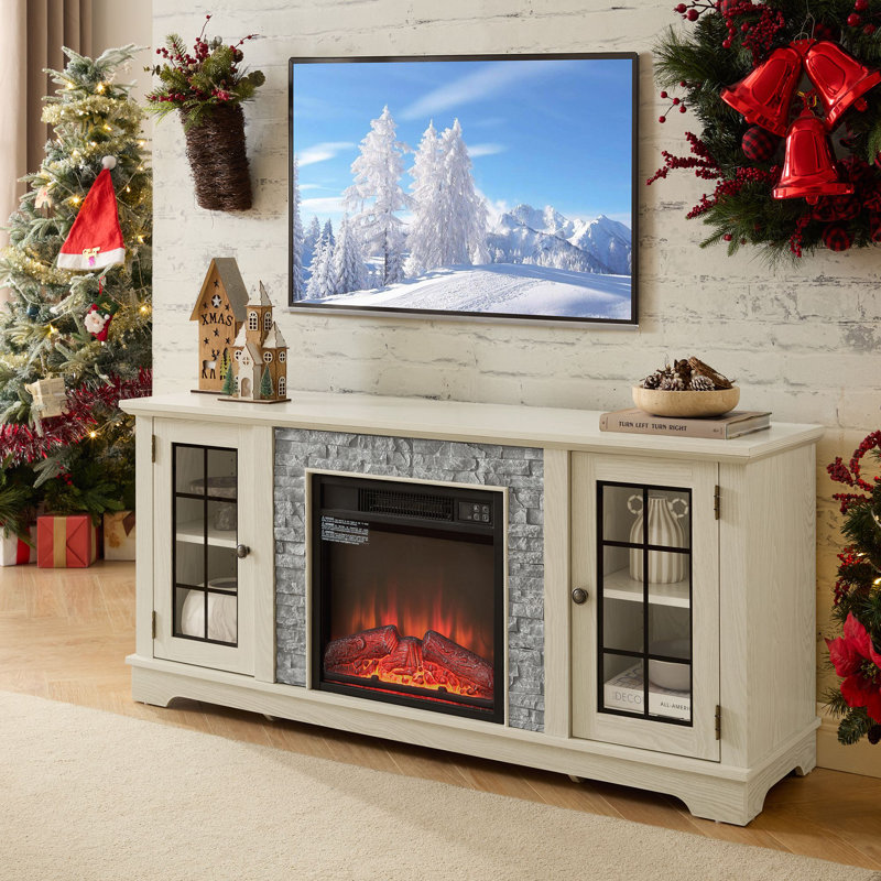 58" Modern TV Stand with 2-Door Storage & 18" Electric Fireplace, Faux Stone Media Console Cabinet, White, Yes