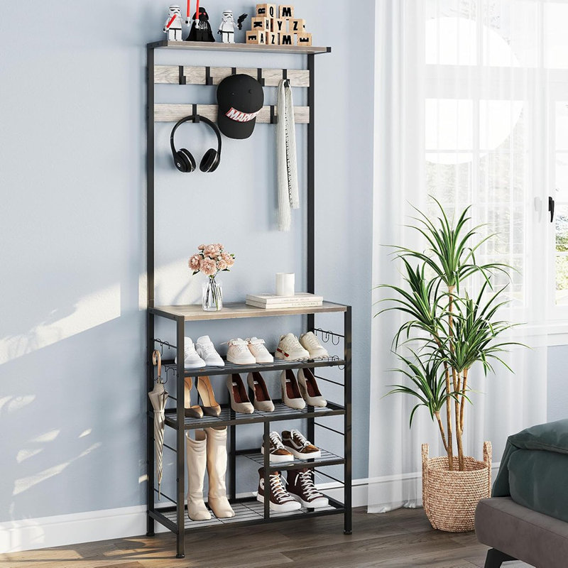 5-Tier Hall Tree With Console Table – Floor-Standing Entryway Coat Rack, Shoe Rack, And Storage Shelf Organizer For Home, Office, Or Bedroom – Greige