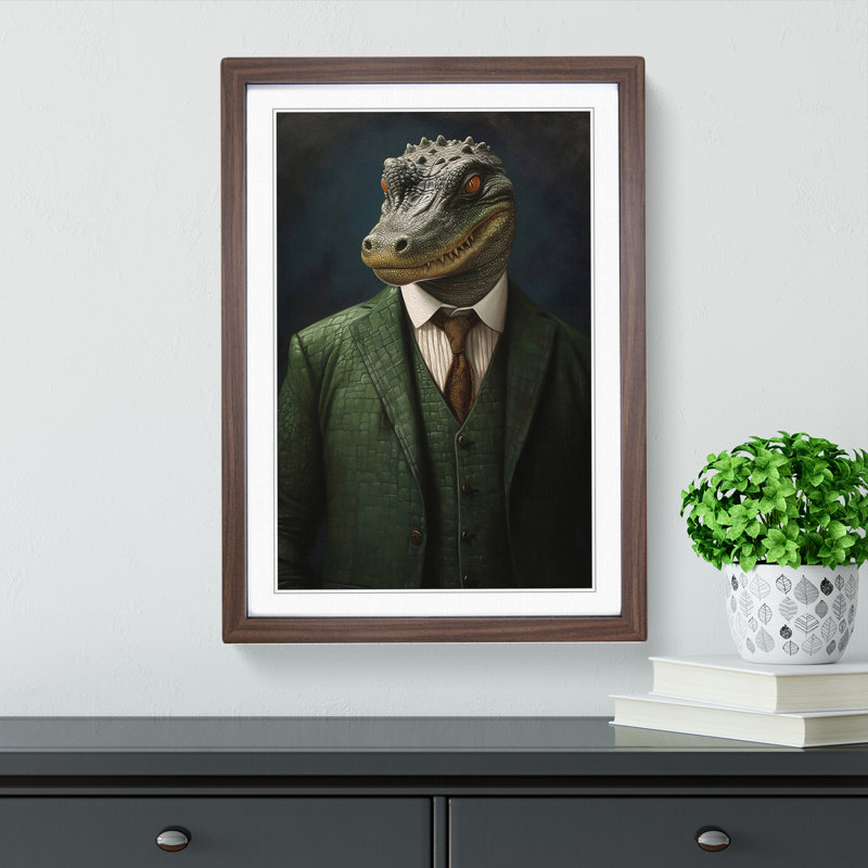 Crocodile In A Suit Painting No.2 - Single Picture Frame Print on Wood, Walnut Framed, 64cm H x 46cm W
