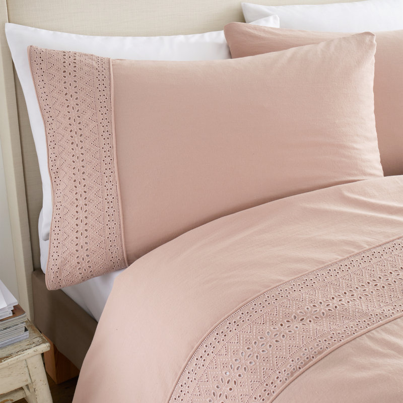 Broderie Anglaise Duvet Cover Set, Pink, Double Duvet Cover Set + 2 Pillowcases