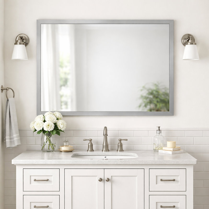 Wood Framed Mirror with Safety Backing Ideal for Bathroom / Vanity Mirror Ellis Collection, Satin Nickel, 32" x 48"