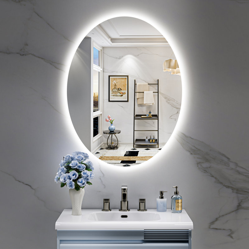 Bathroom Oval LED Mirror with Backlit, Anti Fog Lighted Vanity Mirror with Stepless Dimmable, ETL Listed, IP54 Waterproof, CRI90+, HD Tempered Glass