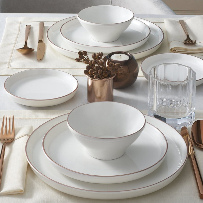 Service de table élégant 16 pièces, crème et or rose, 100% porcelaine | Comprend 4 assiettes de service (10,6 po), 4 assiettes à dîner (8,3 po), 4 assiettes à salade (5,9 po), 4 bols (5,1 po) | Va au micro-ondes, élégant et durable pour les repas