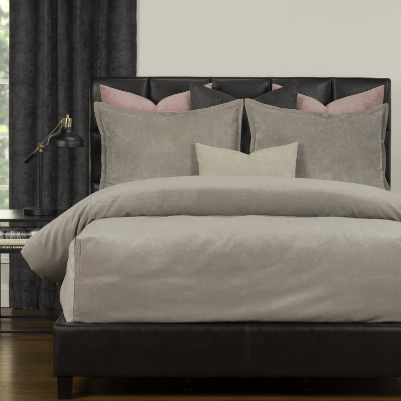 Mixology Velvet Bed Cap Comforter Set with Sewn Corners, Queen Comforter + 2 Bed Shams, Dove