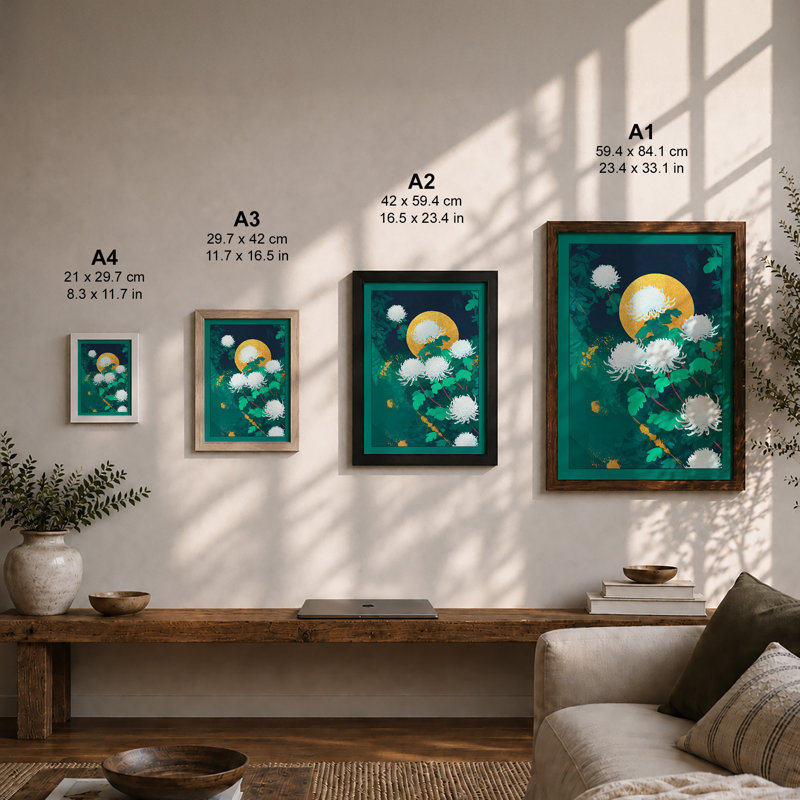 Moonlit Chrysanthemum Botanical 1 Piece Single Picture Frame Wall Art, A4 - 29.7 x 21.0 cm, Oak