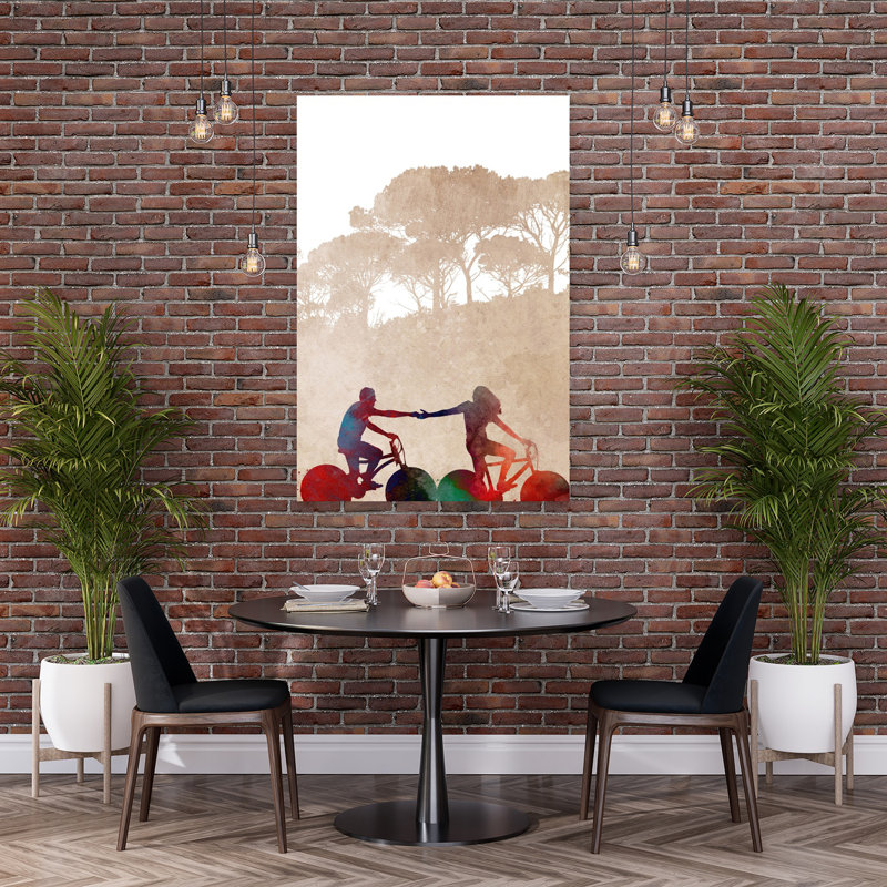 «Biking Couple main dans la main», art contemporain coloré, paysage contemporain, 60" H x 40" W