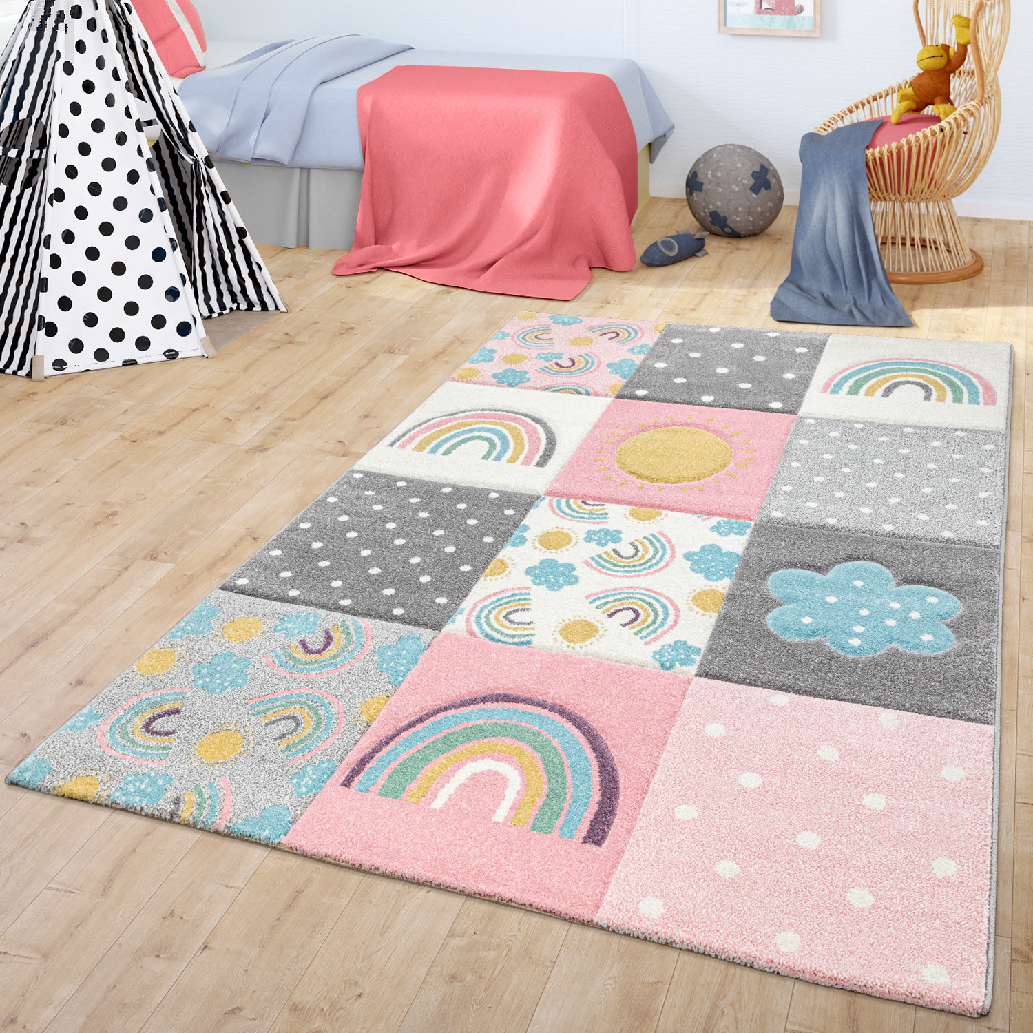 Colorful Kids Rug For Girls Room With Rainbows & Clouds In Pink
