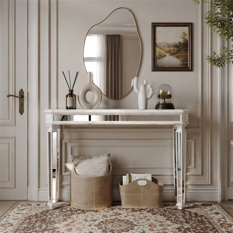 Miroir console rétro en grain de bois, H 32,7 po x l 48 po x P 13,78 po, Argent / chêne + argent, Chêne + argent