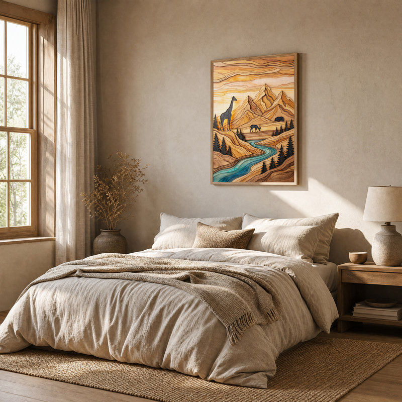 Girafe dans un paysage de montagne et de rivière en bois stratifié, tableau sur toile, H 36 po x l 24 po
