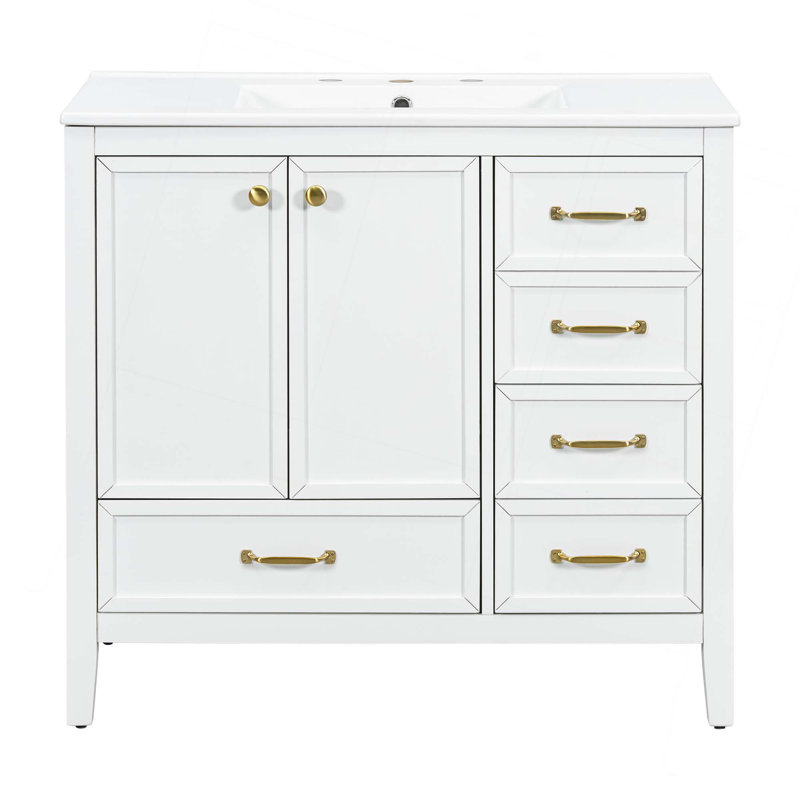 Meuble-lavabo 36 po avec lavabo et porte à fermeture en douceur, 4 tiroirs de différentes tailles, structure et pieds en bois massif