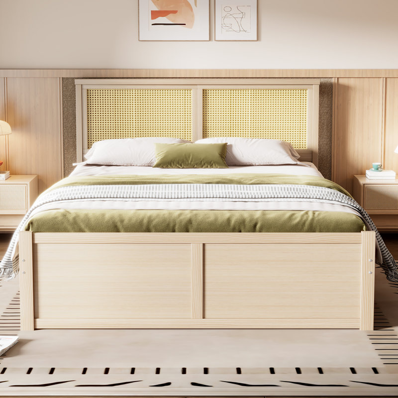 Lit plateforme en bois avec quatre compartiments de rangement et tête de lit en rotin, Naturel, Grand