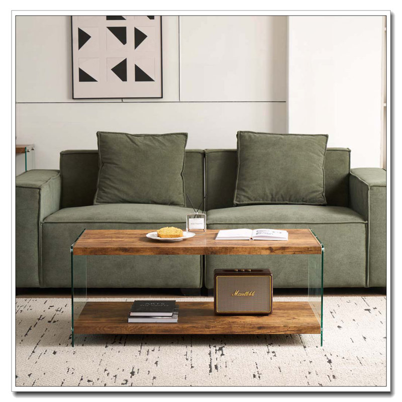 Walnut Tempered Glass 2-Layers Tempered Clear Glass Coffee Table