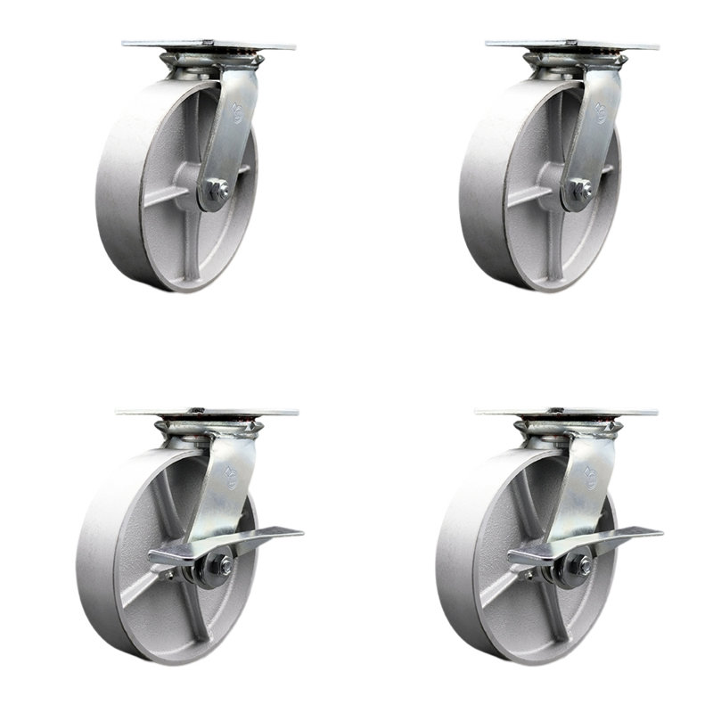 8 Inch Semi Steel Swivel Caster Set with Roller Bearings 2 Brakes Service Caster