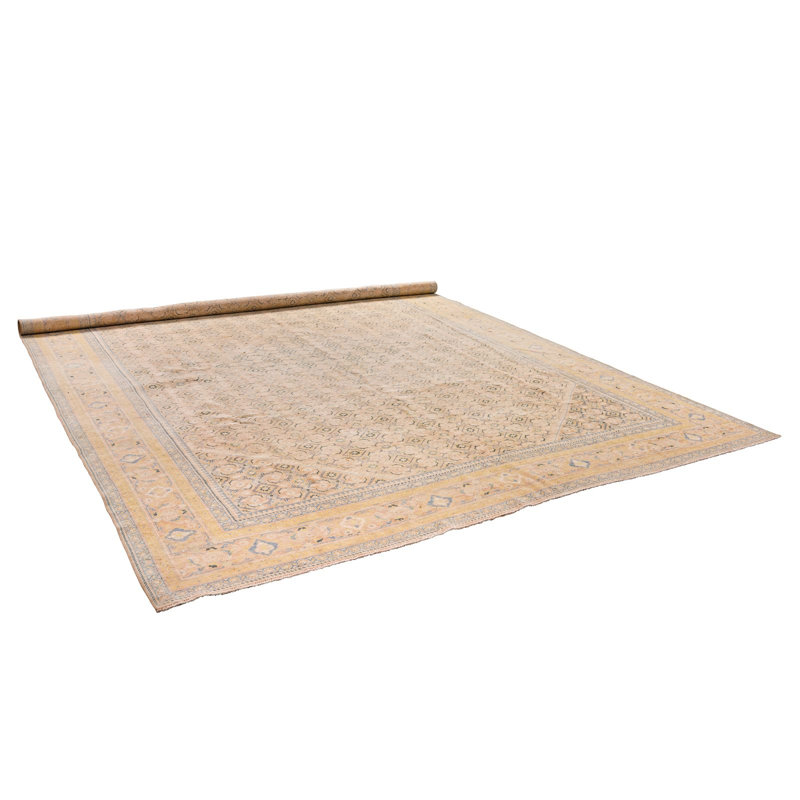Vintage Handmade 10X13 Ivory And Blue Anatolian Turkish Oushak Distressed Area Rug
