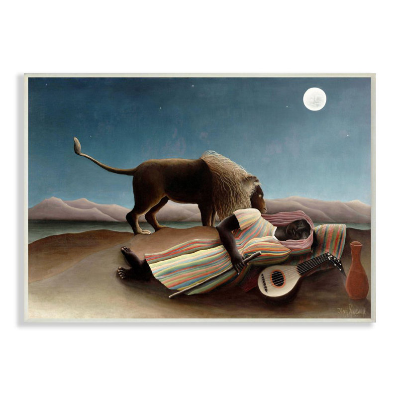 «Desert Night Lion and Traveller Classic» par Henri Rousseau - reproduction d'art, H 10 po x l 15 po x P 0,5 po