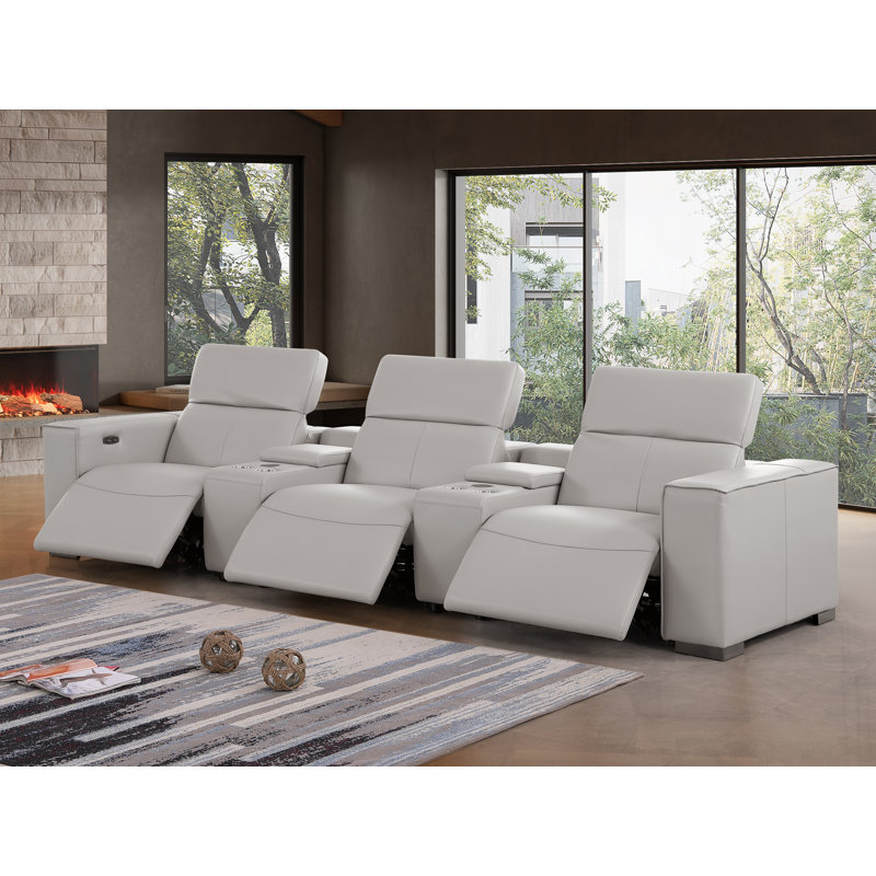 Luxurious Genuine Leather Power Reclining Sofa With Three Recliners And Power Headrests, Light Gray