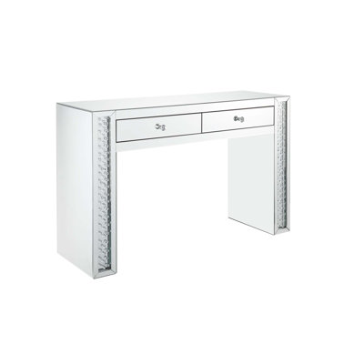 Bureau de coiffeuse Nysa avec finition miroir et incrustation de faux cristal, parfait pour un décor glamour et fonctionnel.