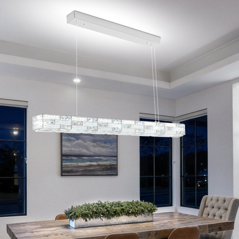 32inch Rectangle Chrome K9 Crystal Chandelier Modern Linear Pendant Lighting Fixture For Dining Room Kitchen Island