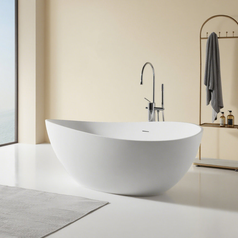 63" Freestanding Solid Surface Bathtub, Luxury Engineered Stone Resin Freestanding Soaking Bathtub With Overflow And Pop-Up Drain For Contemporary Bathroom, Matte White GF-24S05-63MW