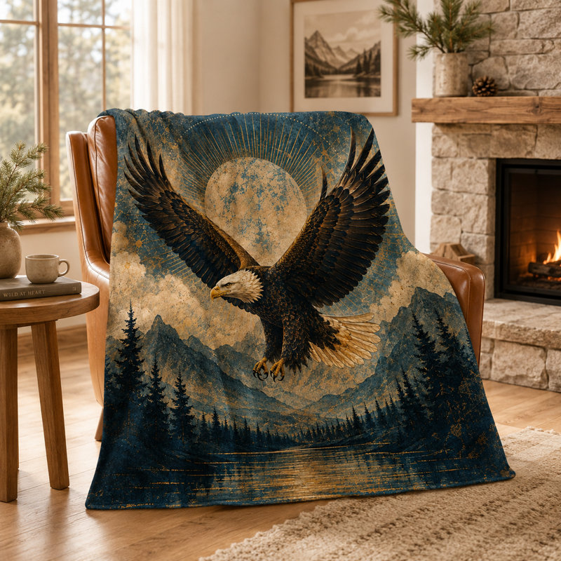 Couverture vintage en flanelle rustique avec motif d'aigle en vol et paysage de montagne au clair de lune, idéale pour canapé, lit ou chalet, 152 x 203 cm (60 x 80 pouces).