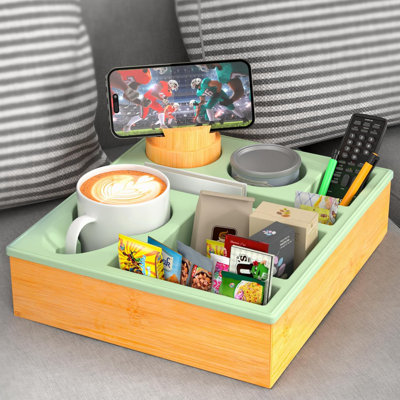 Couch Cup Holder Tray  Couch Organizer Caddy, Silicone Beach Caddy with Cup Holder, Sofa and Bed Drink Holder and Couch Tray Table for Snacks Beverage Remote  Green