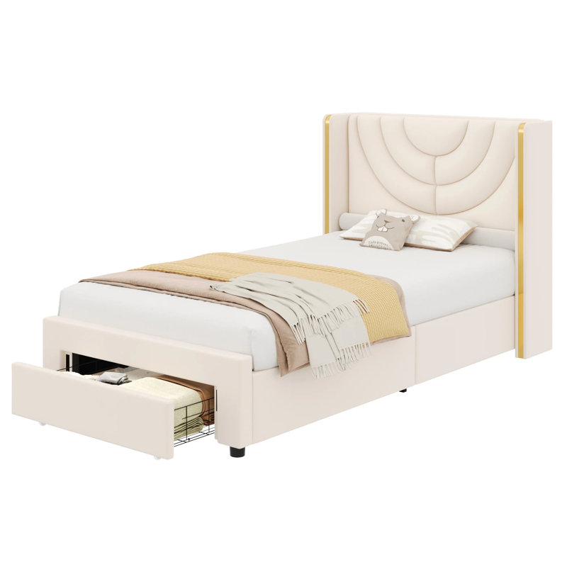Kids Bed with LED Lights & Storage, Velvet Upholstered Wingback Platform Bed Frame, Noise-Free, Twin Size, Twin, Cream