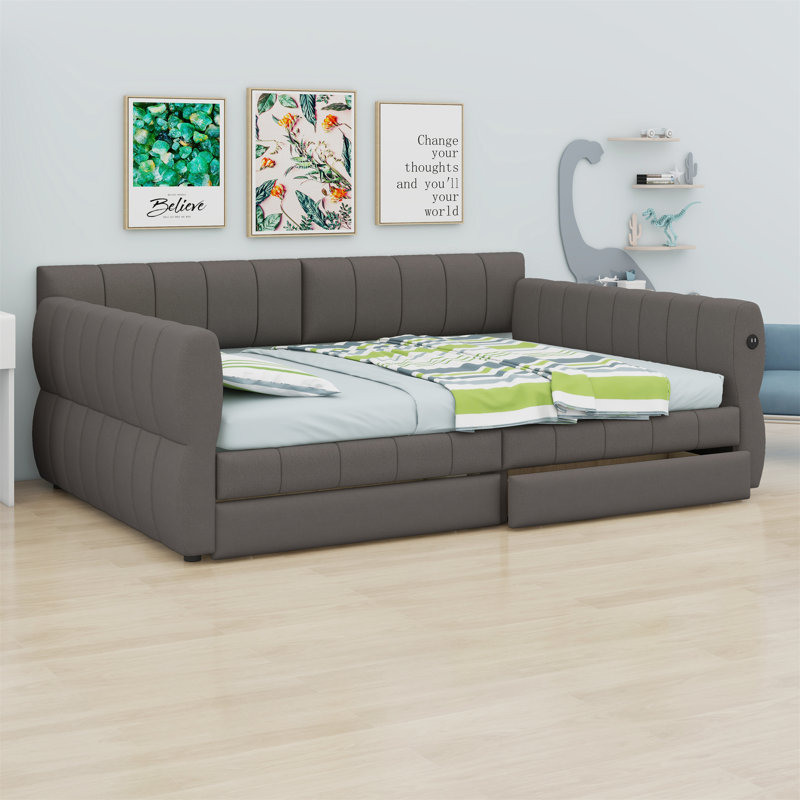 Lit plateforme tapissier avec port USB et 2 tiroirs, Gris