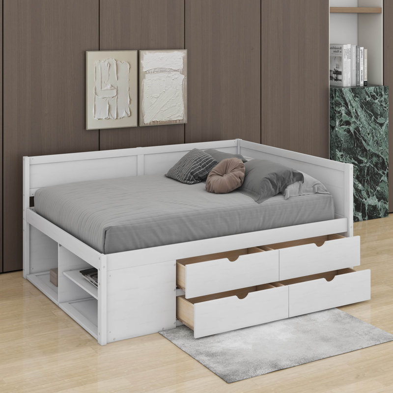 Lit de jour double avec tiroirs et tablettes, Complet/Double, Blanc