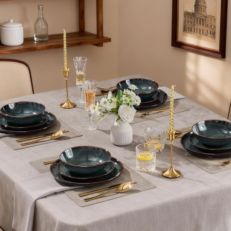 Stoneware Dinnerware - Service for 4, Blackish Green