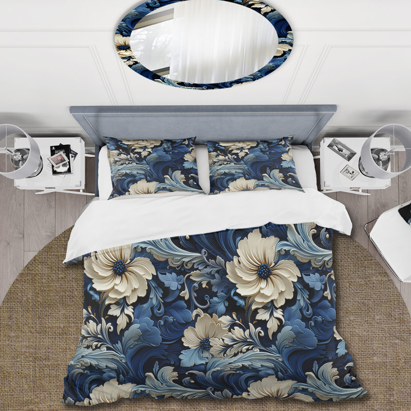 Ensemble de housse de couette Cobalt Blue And White Victorian Floral Pattern - Floral