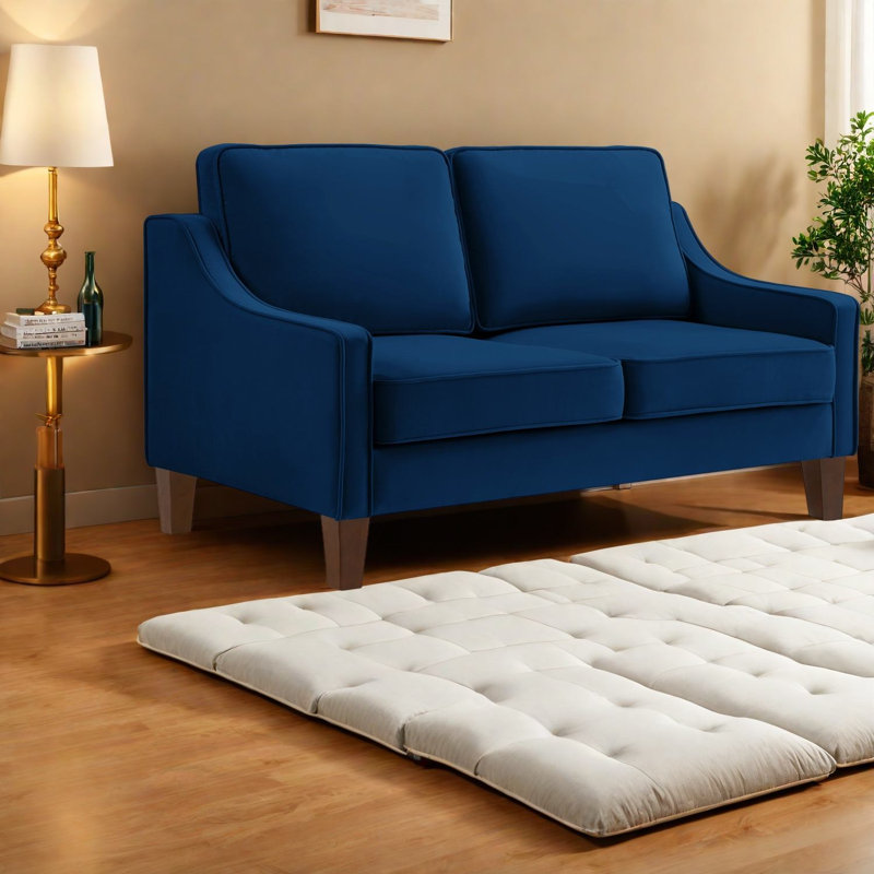 Causeuse Modern Sofas, canapé compact en velours bleu marine avec pieds en bois pour la maison