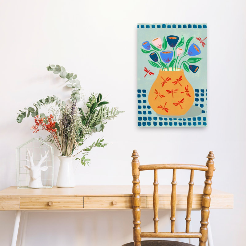 Whimsical Dragonfly Vase Colorful Playful Vibrant Dragonfly Flower Nature Wall Art Print by Sara Coulter - Wrapped Canvas Print