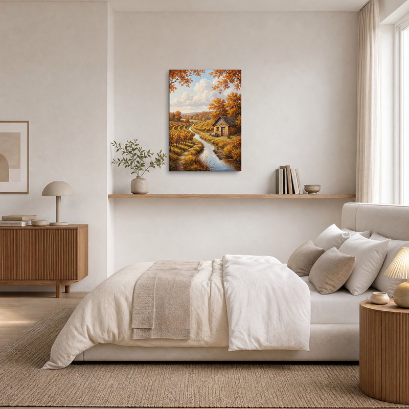 Tableau sur toile représentant un vignoble d'automne avec une maison en pierre et un ruisseau, H 24 po x l 18 po