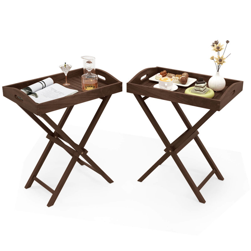 2 Pcs Solid Teak Wood Tray Table 28" High Folding Table With Removable Tray Top