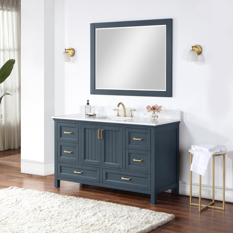 Isla 60 In. Single Bathroom Vanity Set In White And Engineered Stone Countertop With Mirror, Classic Blue